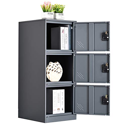 MECOLOR Vertical Single Tier Small Locker with Padlock latche 2 or 3 Compartment Storage for Employee,Home,Office,School,Kids (Dark Grey, P3V)