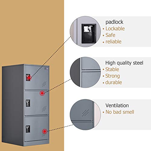 MECOLOR Vertical Single Tier Small Locker with Padlock latche 2 or 3 Compartment Storage for Employee,Home,Office,School,Kids (Dark Grey, P3V)