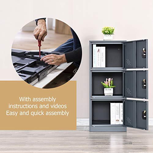 MECOLOR Vertical Single Tier Small Locker with Padlock latche 2 or 3 Compartment Storage for Employee,Home,Office,School,Kids (Dark Grey, P3V)