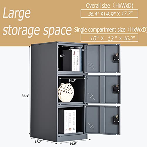 MECOLOR Vertical Single Tier Small Locker with Padlock latche 2 or 3 Compartment Storage for Employee,Home,Office,School,Kids (Dark Grey, P3V)