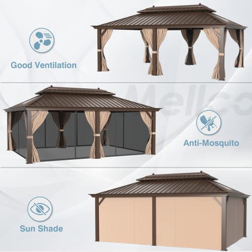 MELLCOM 12' x 20' Hardtop Gazebo,Galvanized Steel Metal Double Roof Gazebo with Curtain and Netting,Brown Permanent Pavilion Gazebo with Aluminum Frame for Patios,Gardens,Lawns