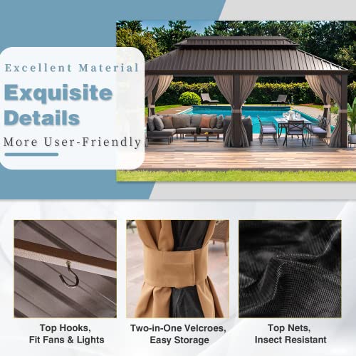 MELLCOM 12' x 20' Hardtop Gazebo,Galvanized Steel Metal Double Roof Gazebo with Curtain and Netting,Brown Permanent Pavilion Gazebo with Aluminum Frame for Patios,Gardens,Lawns