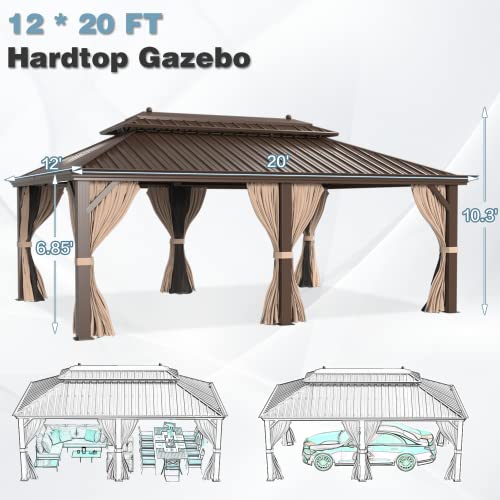 MELLCOM 12' x 20' Hardtop Gazebo,Galvanized Steel Metal Double Roof Gazebo with Curtain and Netting,Brown Permanent Pavilion Gazebo with Aluminum Frame for Patios,Gardens,Lawns