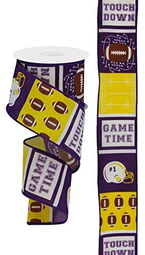 Football Block Pattern Wired Edge Ribbon - 10 Yards (Purple, Gold, 2.5 Inch)