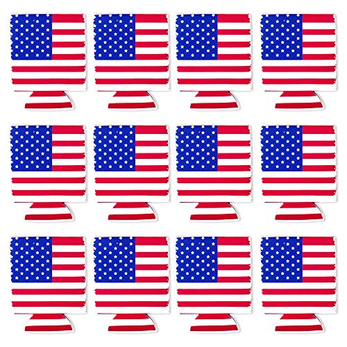 Can Cooler Sleeve 12pcs USA Flag Can Coolers Bulk Patriotic Can Sleeve Neoprene for Can and Bottle 12 oz, Perfect For Veterans Day, and Every Day(USA Flag, 12 Pack)