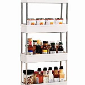 TXT&BAZ Mobile Ultra-Thin Storage Rack with Wheels, Slim Storage Cart，Rolling Cart，Kitchen Cart（4 Tier Plastic White