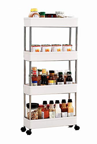 TXT&BAZ Mobile Ultra-Thin Storage Rack with Wheels, Slim Storage Cart，Rolling Cart，Kitchen Cart（4 Tier Plastic White