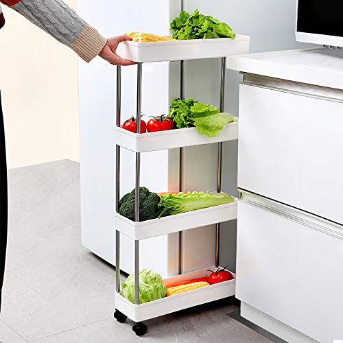 TXT&BAZ Mobile Ultra-Thin Storage Rack with Wheels, Slim Storage Cart，Rolling Cart，Kitchen Cart（4 Tier Plastic White