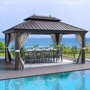 erommy hardtop gazebo galvanized steel outdoor gazebo canopy double vented roof pergolas aluminum frame with netting and curtains for garden,patio,lawns,parties (12'x 16')