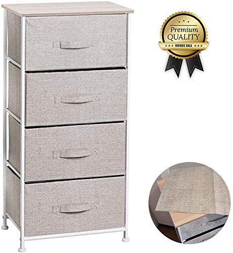 VUE Upgrade Dresser with 4 Drawers, Organizer Tall Fabric Storage Tower with Dust-Proof Pad for Bedroom,Hallway,Living Room,Closet,College Dorm - Sturdy Steel Frame,Wood Top,Easy Pull Fabric Bins