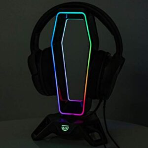 TRUSYO AUDIO THE PORTAL USB 3.0 headset stand with dual RGB lights, 3 usb charger ports, a headphone holder for wired or wireless headphones, great for gaming stations. A gaming accessory.