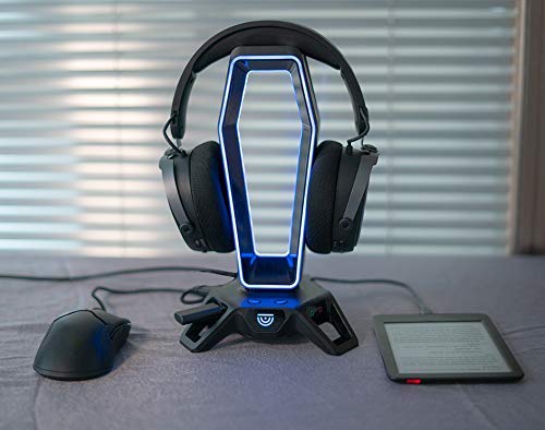 TRUSYO AUDIO THE PORTAL USB 3.0 headset stand with dual RGB lights, 3 usb charger ports, a headphone holder for wired or wireless headphones, great for gaming stations. A gaming accessory.