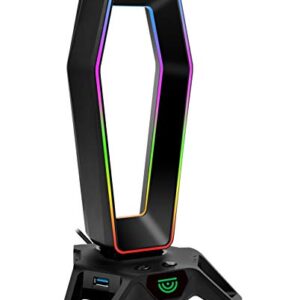 TRUSYO AUDIO THE PORTAL USB 3.0 headset stand with dual RGB lights, 3 usb charger ports, a headphone holder for wired or wireless headphones, great for gaming stations. A gaming accessory.