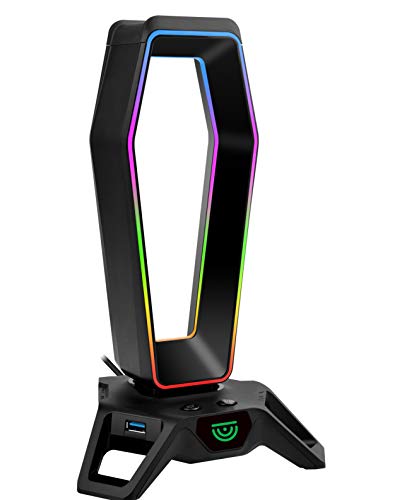 TRUSYO AUDIO THE PORTAL USB 3.0 headset stand with dual RGB lights, 3 usb charger ports, a headphone holder for wired or wireless headphones, great for gaming stations. A gaming accessory.
