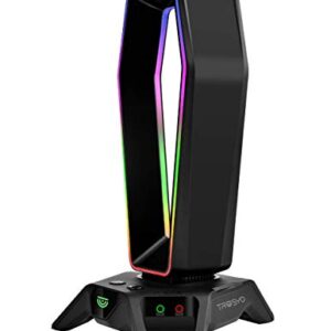 TRUSYO AUDIO THE PORTAL USB 3.0 headset stand with dual RGB lights, 3 usb charger ports, a headphone holder for wired or wireless headphones, great for gaming stations. A gaming accessory.