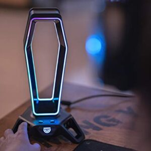 TRUSYO AUDIO THE PORTAL USB 3.0 headset stand with dual RGB lights, 3 usb charger ports, a headphone holder for wired or wireless headphones, great for gaming stations. A gaming accessory.