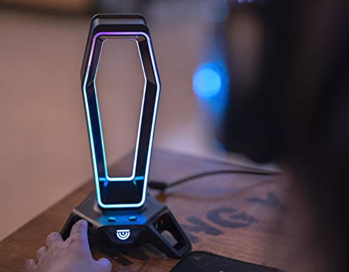 TRUSYO AUDIO THE PORTAL USB 3.0 headset stand with dual RGB lights, 3 usb charger ports, a headphone holder for wired or wireless headphones, great for gaming stations. A gaming accessory.