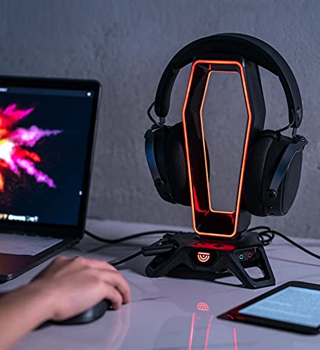 TRUSYO AUDIO THE PORTAL USB 3.0 headset stand with dual RGB lights, 3 usb charger ports, a headphone holder for wired or wireless headphones, great for gaming stations. A gaming accessory.