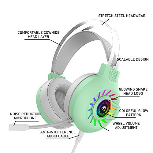 PS4 Headset Xbox One Headset Gaming Headset 3.5mm Stereo Wired Over-Head Gaming Headphone,RGB Rainbow Backlit,Headphone Stereo Surround Sound,Noise Canceling Microphone for PC,PS4,Xbox One(Green)