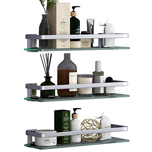 VOLPONE Bathroom Wall Shelf 15.7in Bathroom Glass Shelves Bathroom Shelves Wall Mount Glass Floating Shelf Rustproof Bathroom Wall Organizer 3 Tier (Sliver)