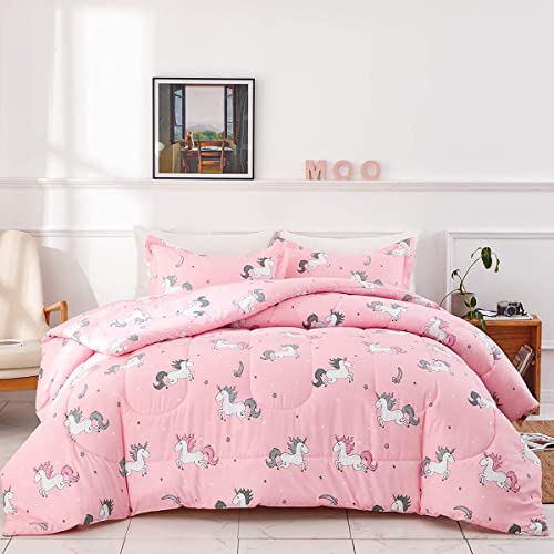 UOZZI BEDDING Bed in a Bag 6 Pieces Twin Size Unicorn Pink with Rainbow Star - Soft Microfiber, Reversible Bed Comforter Set (1 Comforter, 2 Pillow Shams, 1 Flat Sheet, 1 Fitted Sheet, 1 Pillowcases)