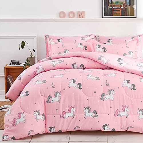 UOZZI BEDDING Bed in a Bag 6 Pieces Twin Size Unicorn Pink with Rainbow Star - Soft Microfiber, Reversible Bed Comforter Set (1 Comforter, 2 Pillow Shams, 1 Flat Sheet, 1 Fitted Sheet, 1 Pillowcases)