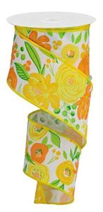 bold blooms floral royal canvas wired edge ribbon - 10 yards (orange, green, yellow, 2.5")
