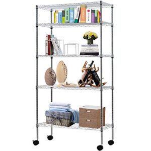 5 tier storage shelves wire shelving unit garage metal rack 14dx30wx60h adjustable nsf sturdy steel layer shelf commercial utility organizer shelving with wheels for bathroom kitchen laundry, (chrome)