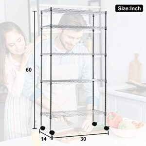 5 Tier Storage Shelves Wire Shelving Unit Garage Metal Rack 14Dx30Wx60H Adjustable NSF Sturdy Steel Layer Shelf Commercial Utility Organizer Shelving with Wheels for Bathroom Kitchen Laundry, (Chrome)