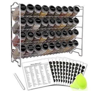 swommoly spice rack organizer with 36 empty square spice jars, 396 spice labels with chalk marker and funnel complete set, for countertop, cabinet or wall mount,silver