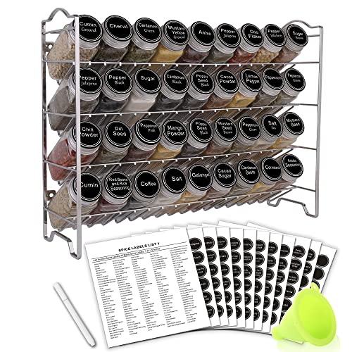 SWOMMOLY Spice Rack Organizer with 36 Empty Square Spice Jars, 396 Spice Labels with Chalk Marker and Funnel Complete Set, for Countertop, Cabinet or Wall Mount,Silver