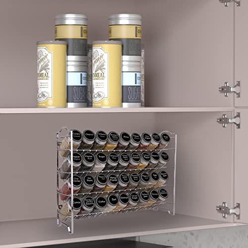 SWOMMOLY Spice Rack Organizer with 36 Empty Square Spice Jars, 396 Spice Labels with Chalk Marker and Funnel Complete Set, for Countertop, Cabinet or Wall Mount,Silver