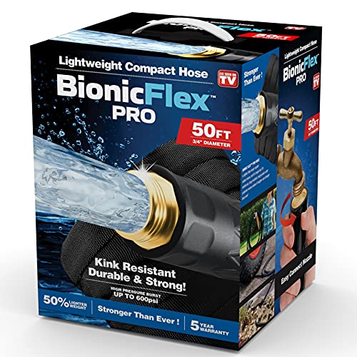 Bionic Flex PRO 50’ Garden Hose, Heavy Duty & Lightweight Weatherproof Garden Water Hose with Brass Fittings & Adjustable Brass Spraying & Shooting Nozzle, 500 PSI Tear Resistant, Kink Free Hose