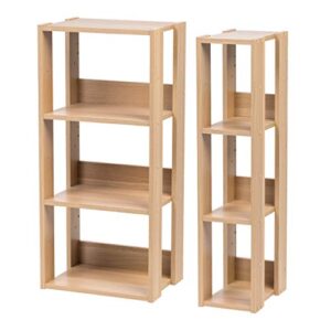 IRIS USA 3-Shelf Space Saving Open Wood Shelving Set, 2 Pack, Light Brown, Medium and Slim