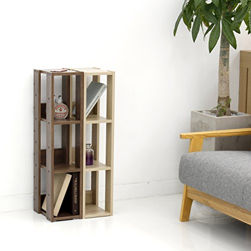 IRIS USA 3-Shelf Space Saving Open Wood Shelving Set, 2 Pack, Light Brown, Medium and Slim