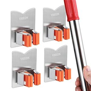 broom and mop holder wall mounted, stainless steel self adhesive single broom hanger hook, no drill heavy duty organizer rack for kitchen garage closet door pantry refrigerator, v-shape orange, 4 pack