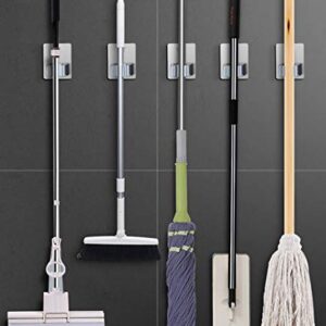 Broom and Mop Holder Wall Mounted, Stainless Steel Self Adhesive Single Broom Hanger Hook, Heavy Duty Organizer Rack for Kitchen Garage Closet Pantry Refrigerator, No Drill, Rectangle Gray, 4 Pack