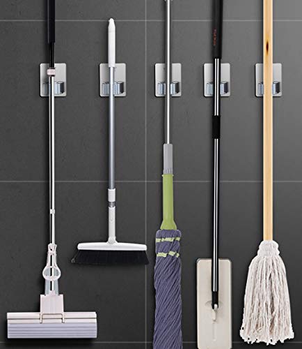 Broom and Mop Holder Wall Mounted, Stainless Steel Self Adhesive Single Broom Hanger Hook, Heavy Duty Organizer Rack for Kitchen Garage Closet Pantry Refrigerator, No Drill, Rectangle Gray, 4 Pack