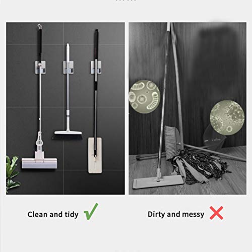 Broom and Mop Holder Wall Mounted, Stainless Steel Self Adhesive Single Broom Hanger Hook, Heavy Duty Organizer Rack for Kitchen Garage Closet Pantry Refrigerator, No Drill, Rectangle Gray, 4 Pack