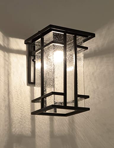 Rustic Outdoor Wall Light Fixture 13.8"H Waterproof Exterior Wall Sconces Black Metal with Clear Seeded Glass Shade Outdoor Wall Lantern for Exterior House Patio Porch,Entryway,Garage Wall Lamps