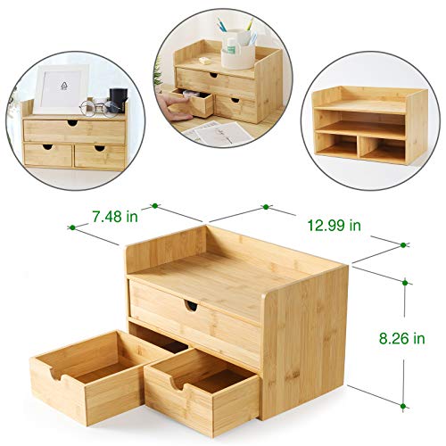 Wisuce 100% Original Bamboo Desk Organizer, Mini Bamboo Desk Drawer Tabletop Storage Organization Box for Office Home Toiletries Supplies Vanity, No Assembly Required (3 Drawer with Shelf)