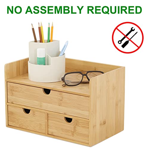 Wisuce 100% Original Bamboo Desk Organizer, Mini Bamboo Desk Drawer Tabletop Storage Organization Box for Office Home Toiletries Supplies Vanity, No Assembly Required (3 Drawer with Shelf)