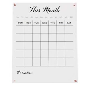 clear, monthly acrylic calendar for wall with rose gold mounting hardware. 18.5" x 23" x 0.2" wall mounted dry erase calendar.