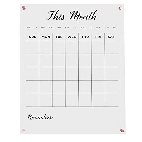 Clear, monthly Acrylic calendar for wall with Rose Gold mounting hardware. 18.5" x 23" x 0.2" wall mounted dry erase calendar.