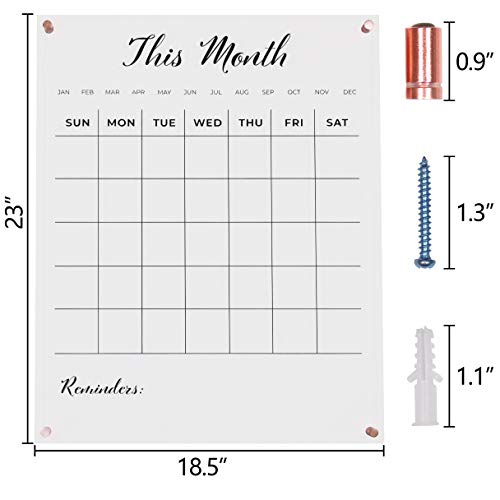 Clear, monthly Acrylic calendar for wall with Rose Gold mounting hardware. 18.5" x 23" x 0.2" wall mounted dry erase calendar.