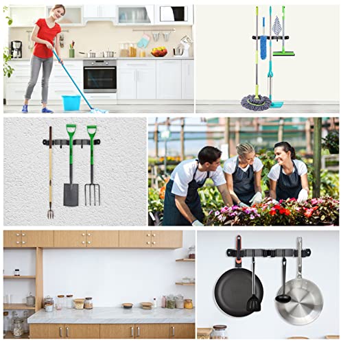 Huryfox Mop and Broom Holder Wall Mounted - Sturdy Stainless Steel Rack with Utility Hooks, Adjustable Design and Multiple Storage Organizer Options, Perfect for Garage, Kitchen, Laundry, and Bathroom