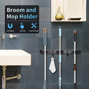 Huryfox Mop and Broom Holder Wall Mounted - Sturdy Stainless Steel Rack with Utility Hooks, Adjustable Design and Multiple Storage Organizer Options, Perfect for Garage, Kitchen, Laundry, and Bathroom
