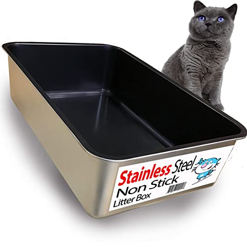 iPrimio Stainless Steel Cat XL Non Stick Litter Box and Cat Litter Scooper - Shovel & Pan for Sifting Kitty Cats Litter, Rust Resistant, Comfy Grip