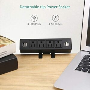 VILONG,Desk Edge Power Strip with 4 USB Port Removable Clamp Power Outlet Socket with USB 6.5 ft Extension Cord Connect 4 Plugs for Home Office Reading