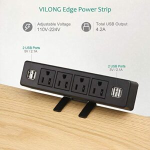 VILONG,Desk Edge Power Strip with 4 USB Port Removable Clamp Power Outlet Socket with USB 6.5 ft Extension Cord Connect 4 Plugs for Home Office Reading